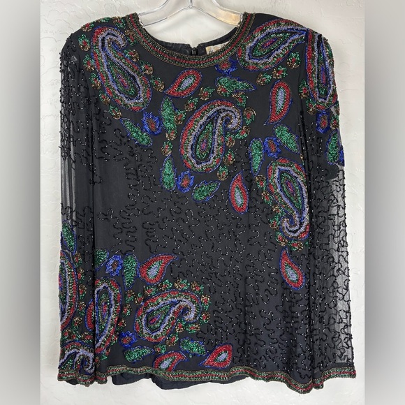 Vintage Oleg Cassini‎ Beaded Silk Formal Wedding Paisley L Black Red Green 1132